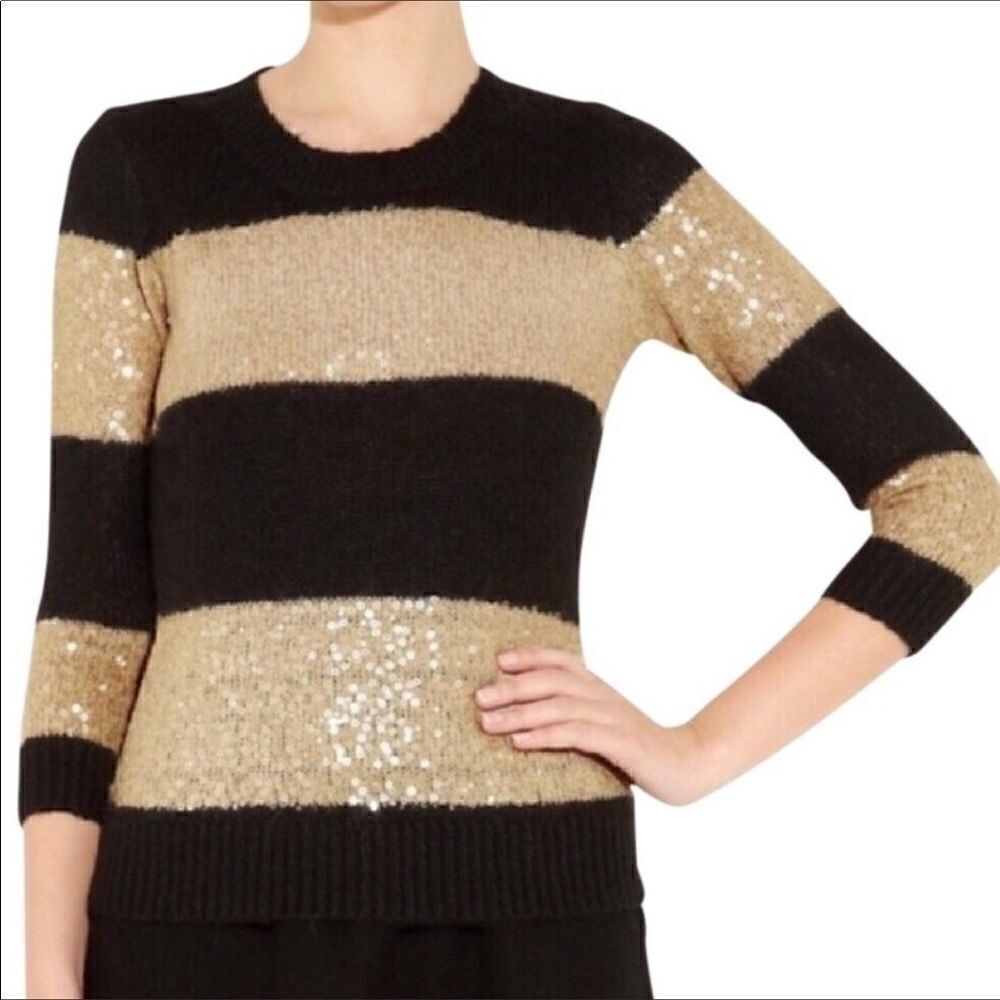 J. Crew Sequin Sweater, Black Gold Stripe Sequin Crew Sweater XS‎